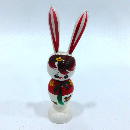 Vintage Kokeshi Wooden Hand Painted Bunny Rabbit Bobblehead Dolls image number 8