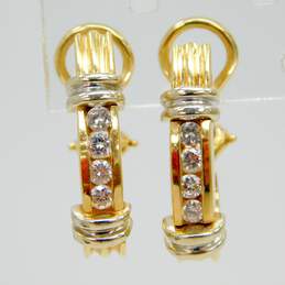 14K Yellow & White Gold 0.32 CTTW Diamond J-Hoop Omega Pierced Earrings 8.8g alternative image