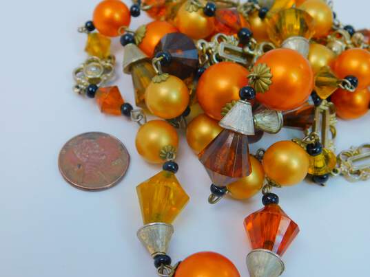 Vintage Goldtone Yellow & Orange Crystals & Faux Pearls Beaded Necklace & Matching Cluster Clip On Earrings 114.5g image number 5