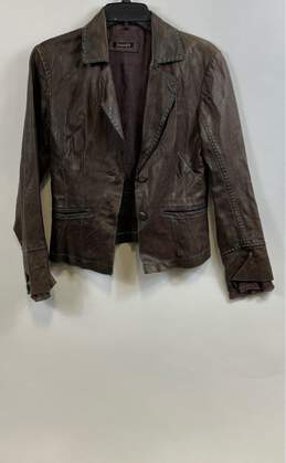 Tahari Womens Mocha Leather Pockets Long Sleeve Collared Jacket Size Small