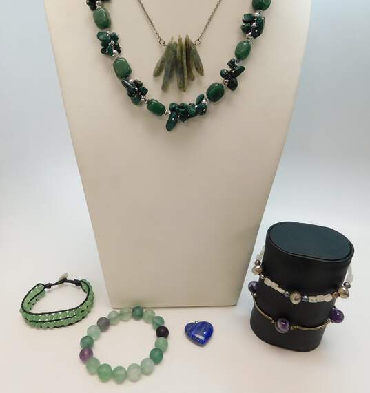 Artisan Silvertone Kyanite & Lapis Heart Pendants & Aventurine & Eilat Beaded Necklaces Moonstone Pearl Amethyst & Fluorite Bracelets 170.4g image number 1