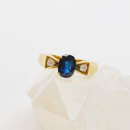 18K Yellow Gold Oval Sapphire Round CZ Side Stones Ring 3.3g
