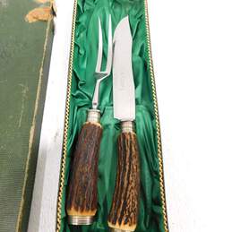 Vintage 1950s Germany Rostfrei Stag Handled Carving Set Engraved Blade w/ box alternative image