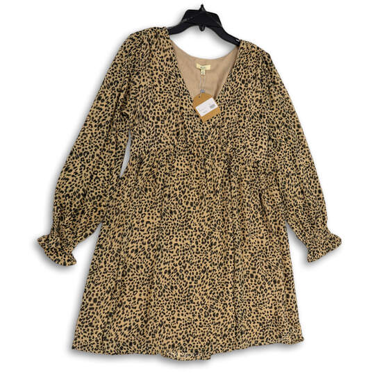 NWT Womens Tan Gray Leopard Print V-Neck Balloon Sleeve A-Line Dress Size S image number 1