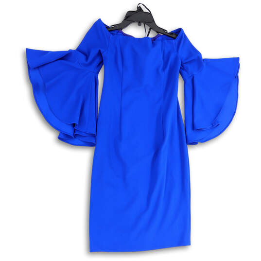 Womens Blue Flutter Bell Sleeve Off The Shoulder Sheath Dress Size 6 image number 1