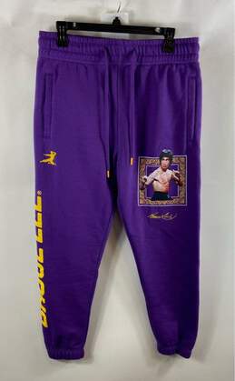 Bruce Lee Mens Purple Graphic Tapered Leg Pleated Fleece Sweatpants Size Medium