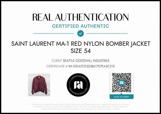 Saint Laurent MA-1 Burgundy Red Nylon Bomber Jacket Women's Size 54 AUTHENTICATED image number 7