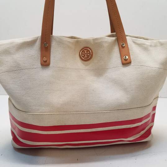 Buy the Tory Burch Canvas Tote Bag Beige, Red, Tan