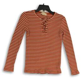 Michael Kors Womens Orange White Striped Tie Neck Pullover T-Shirt Size XS