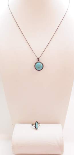 ATI & Artisan 925 Faux Turquoise Cabochon Circle Pendant Necklace & Turquoise Pointed Split Shank Ring 8g