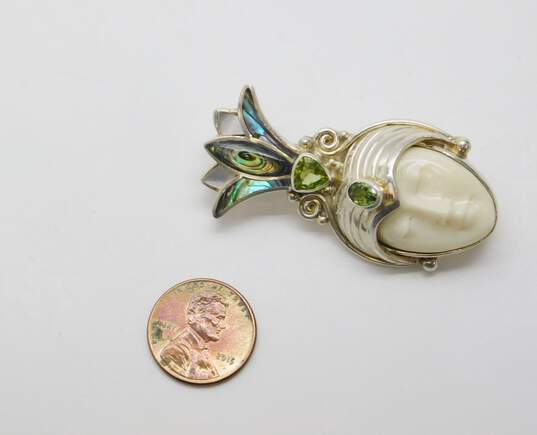 Sajen 925 Goddess Face Faceted Peridot & Abalone & Mother of Pearl Shell Granulated Crown Statement Pendant Brooch 21.5g image number 4