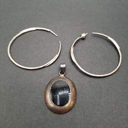 Stella & Dot Sterling Onyx 1 3/4" Pendant + Hoop Earrings Bundle 2pcs 16.6g
