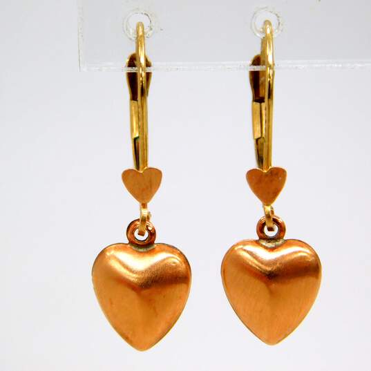 14K White Yellow & Rose Gold Puffed Heart Drop & Feather Post Earrings 1.5g image number 2