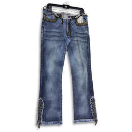 Womens Blue Distressed Medium Wash Pockets Denim Straight Leg Jeans Size 28
