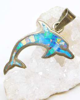 VNTG Cardenas Taxco 950 Silver Mosaic Opal Dolphin Pendant 6.3g