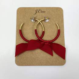 Designer J. Crew Gold-Tone Red Ribbon Wrapped Screw Back Hoop Earrings