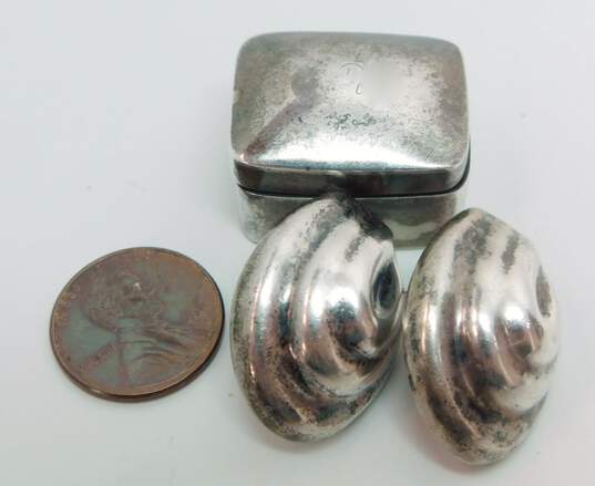 Taxco Mexico 925 Modernist Puffed Swirl Oval Drop Post Earrings & Engraved Initials Rectangle Pill Box 23.8g image number 6
