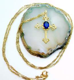 Elegant 14K Yellow Gold Sapphire Cross Pendant Necklace 4.0g