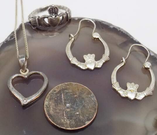 Romantic 925 Sterling Silver Claddagh Hoop Earrings Ring & Open Heart Pendant Necklace 6.3g image number 2