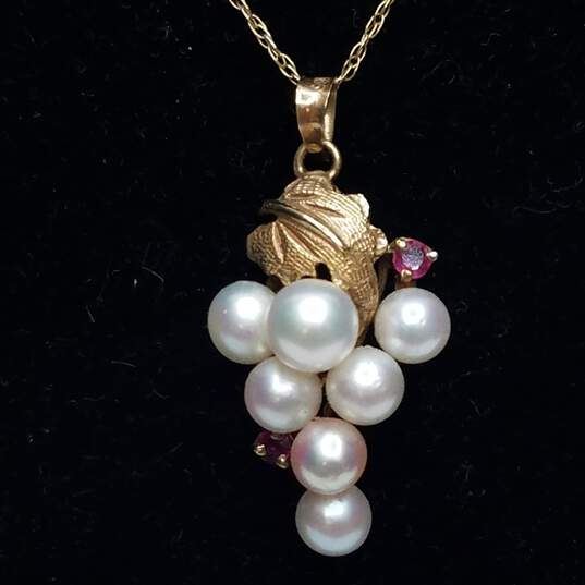 14K Gold Ruby & FW Pearl Pendant Necklace 2.4g image number 2