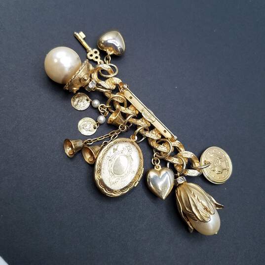 Kirks Folly Gold - Tone Multi - Charm Faux Pearls Crystal Brooch 47.2g image number 2