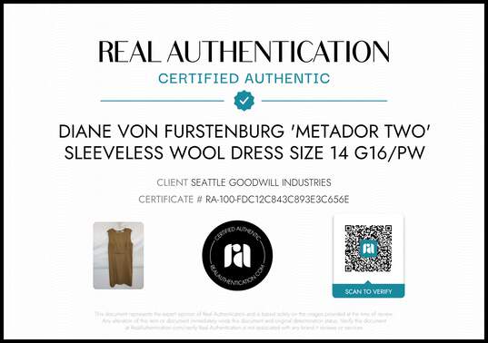 Diane Von Furstenberg Women's Sleeveless Brown Wool Dress Size 14 w/COA image number 2