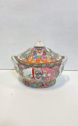 Chinese Porcelain Lidded Tureen with Hand Painted Scene and Gold Details Pottery