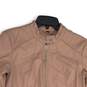 Womens Pink Leather Mock Neck Long Sleeve Full-Zip Biker Jacket Size Medium image number 3