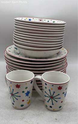 Set Of 26 Domestications Snow Whimsy Red Rim Serving Plates Bowls & Cups