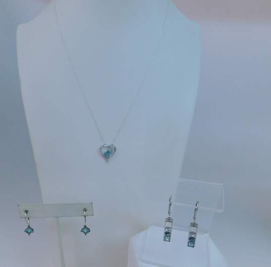 Contemporary 925 Faceted Blue Glass & Cubic Zirconia Heart Pendant Necklace & Aqua & Rhinestones Bar Drop Earrings 6.6g image number 2