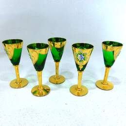 Vintage Italian Floral Green & Gold Glass Decanter & Cordial Glass Set alternative image