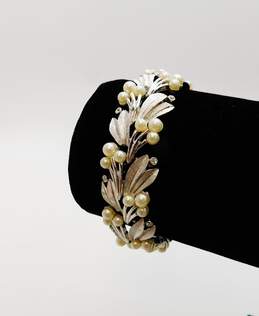Crown Trifari Silvertone Faux Pearl Rhinestone Earrings Bracelet & Brooch Set alternative image
