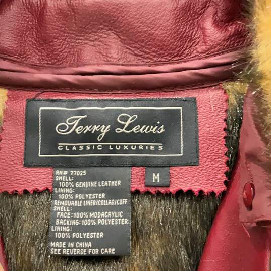 Vintage Terry Lewis Womens Red Leather Fur Collared Long Sleeve Jacket Size M image number 4