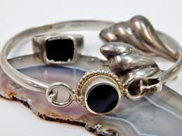 925 Taxco Mexico Faux Onyx Bracelet Ring & Puffy Ripple Post Earrings 32g