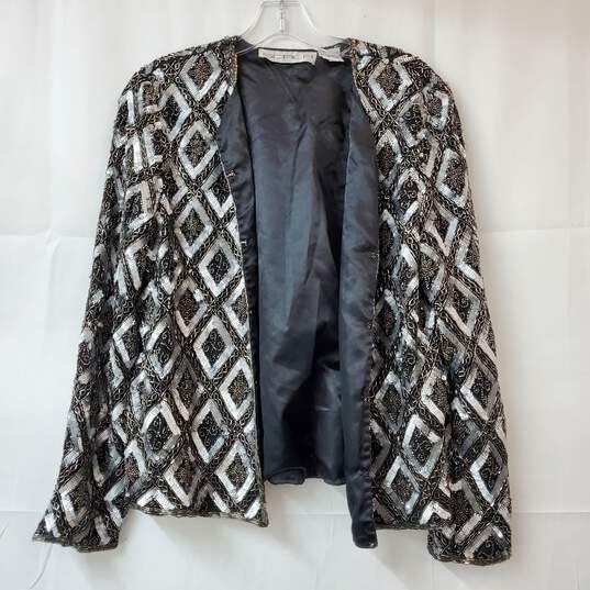 Scala Women's Black/Silver Beaded Sequins Silk Lining Jacket Size S image number 1