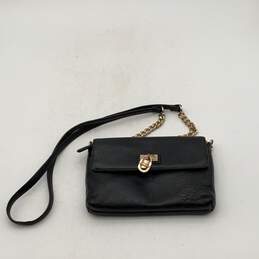 Calvin Klein Womens Black Gold Leather Semi Chain Strap Crossbody Bag