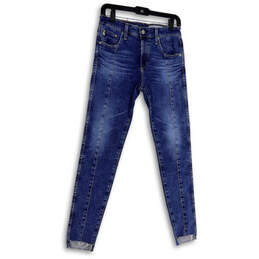 Womens Blue Denim Raw Hem Medium Wash Pockets Skinny Leg Jeans Size 28R