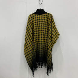 NWT Womens Black Yellow Houndstooth Fringe Poncho Sweater One Size alternative image