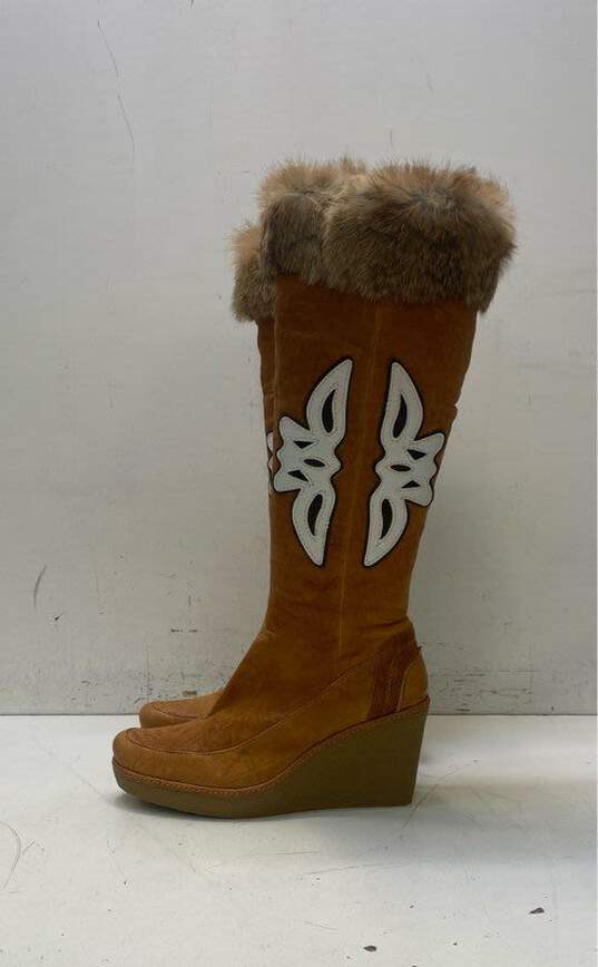 Modern Vintage Peggy Brown Leather Wedge Shearling Tall Boots Women's Size 40 image number 2