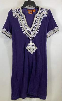 Tory Burch Womens Purple Short Sleeve Embroidered Split Neck Sheath Dress Size S