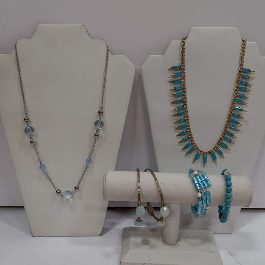 Bundle of Assorted Blue Gemstones & Gold Tone Fashion Costume Jewelry image number 1