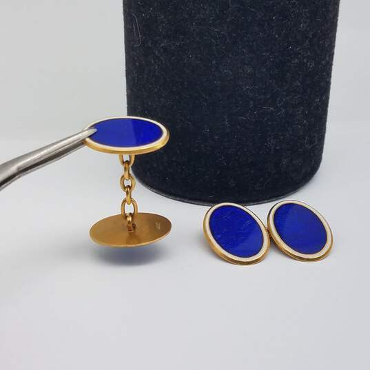 18k Gold Blue & White Enamel Cuff Links 10.0g image number 1