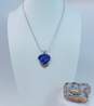 Taxco Mexico & Artisan 925 Modernist Blue Bubbles Art Glass Pendant Herringbone Chain Necklace & Chunky Band Ring 21.2g image number 1