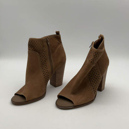Womens Lakmeh Brown Leather Open Toe Side Zip Block Heel Booties Size 11M image number 4