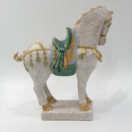 Chinese Tang Horse Statue White Crackle Glaze 13" Tall Green Saddle image number 3