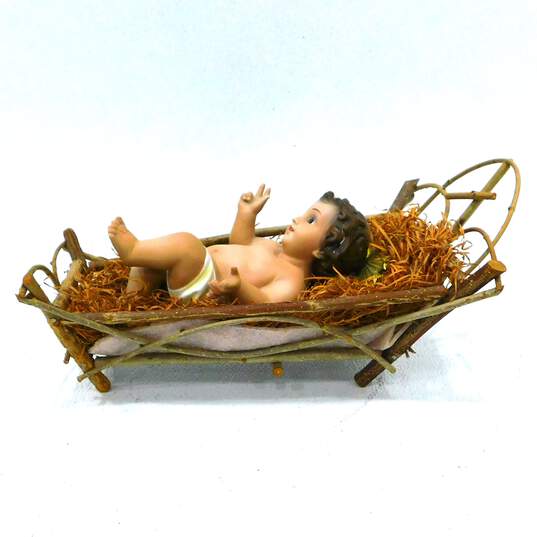 Vintage Nativity Baby Jesus Figurine W/ Glass Eyes & Twig Manger Christmas Spain image number 3