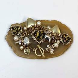 Designer Betsey Johnson Gold-Tone Leopard Print Hearts Charm Bracelet alternative image