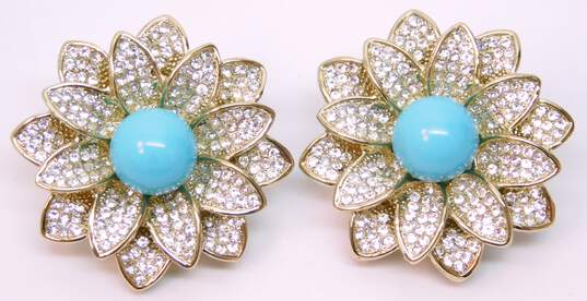 Joan Boyce Goldtone Faux Turquoise Ball & Rhinestones Pave Flower Clip On Earrings 41.4g image number 3