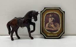 Lot of Western Décor Leather Horse and Mini Cowboy Painting by Ivan Jesse Curtis