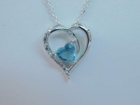 Contemporary 925 Faceted Blue Glass & Cubic Zirconia Heart Pendant Necklace & Aqua & Rhinestones Bar Drop Earrings 6.6g image number 4